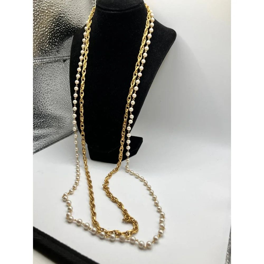 Vintage White Pearls & Gold-Tone Lariat Long Necklace! - Picture 5 of 7